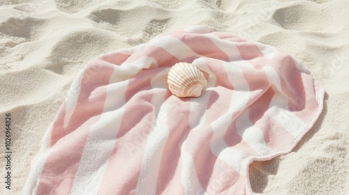 A pastel pink and white striped beach towel spread out on the sand, with a seashell resting on top