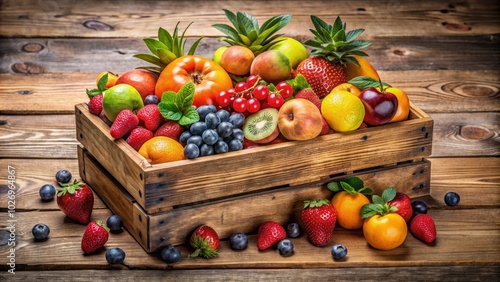 Rustic wooden box overflowing with vibrant, fresh fruits , abundance, wholesome, luscious, colorful, assortment, natural, textures