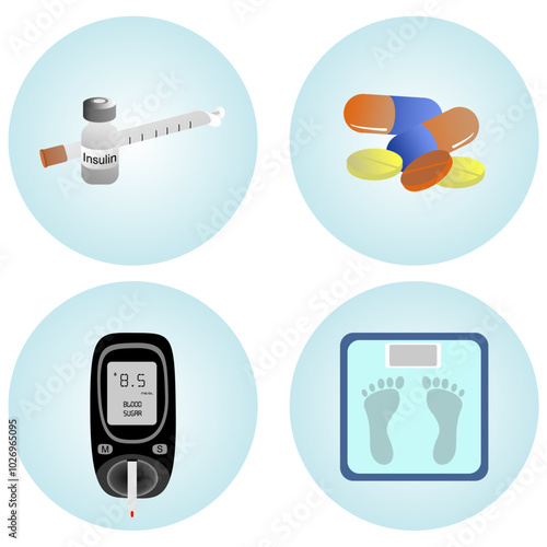 set of icons diabetes test, glucose, insulin