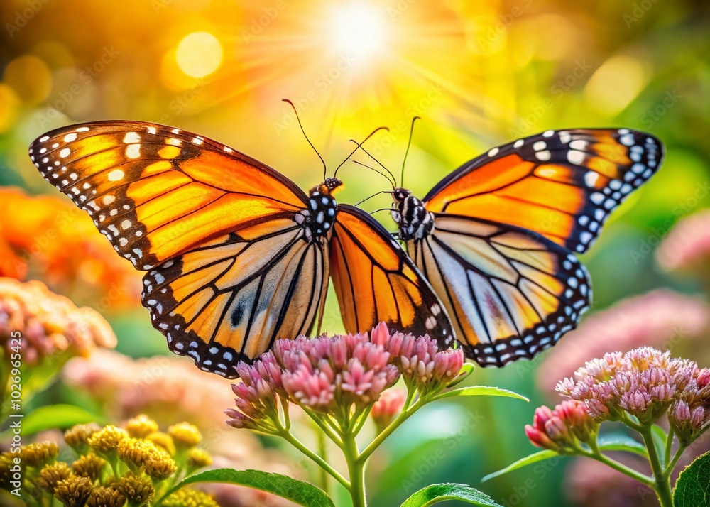 Mating Monarch Butterflies in Vibrant Natural Habitat Mating Monarch Butterflies in Vibrant Natural Habitat
