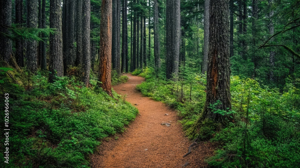 A peaceful hiking trail winding through a dense forest, with towering trees and lush underbrush, inviting exploration and adventure. A peaceful hiking trail winding through a dense forest, with towering trees and lush underbrush, inviting exploration and adventure.