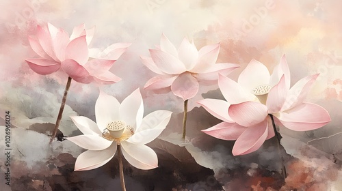 Fototapeta Naklejka Na Ścianę i Meble -  Gently painted lotus flowers in a watercolor style, with subtle shades of pink and white, lightly arranged on a soft, neutral background, embodying minimalist elegance 