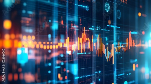 Close-up digital screen showing line graph with upward and downward trends, symbolizing cancer research progress and setbacks, medical charts and scientific symbols in background