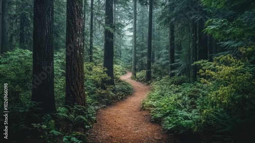 A peaceful hiking trail winding through a dense forest, with towering trees and lush underbrush, inviting exploration and adventure.