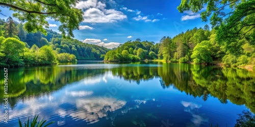 Tranquil lake nestled in a national park surrounded by lush greenery, serene, peaceful, tranquil, national park, nature, scenery