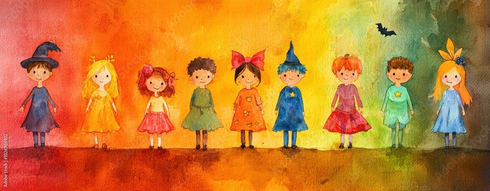 Obraz premium A colorful illustration of children in various costumes, standing together, representing a whimsical, festive theme.