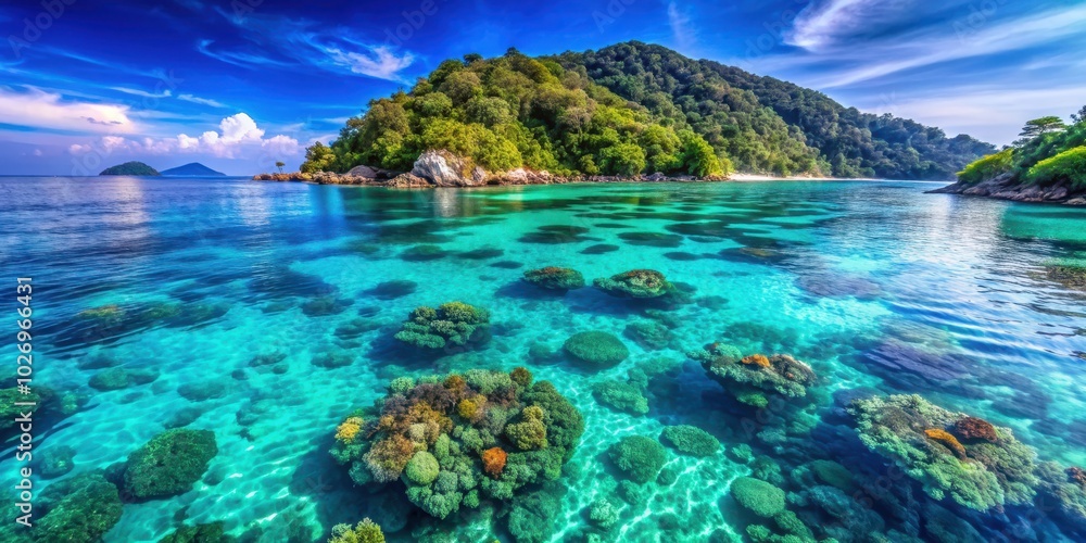 Crystal clear blue waters of the sea at Mu Koh Surin with vibrant coral reefs and marine life Crystal clear blue waters of the sea at Mu Koh Surin with vibrant coral reefs and marine life