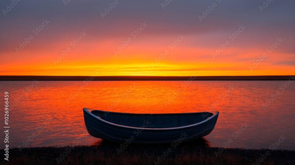 Serene sunset over a tranquil lake with a lone boat Serene sunset over a tranquil lake with a lone boat