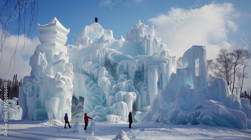 Sculptors creating massive ice structures live at an ice festival, with wintery scenes and figures carved from huge blocks of ice. photo