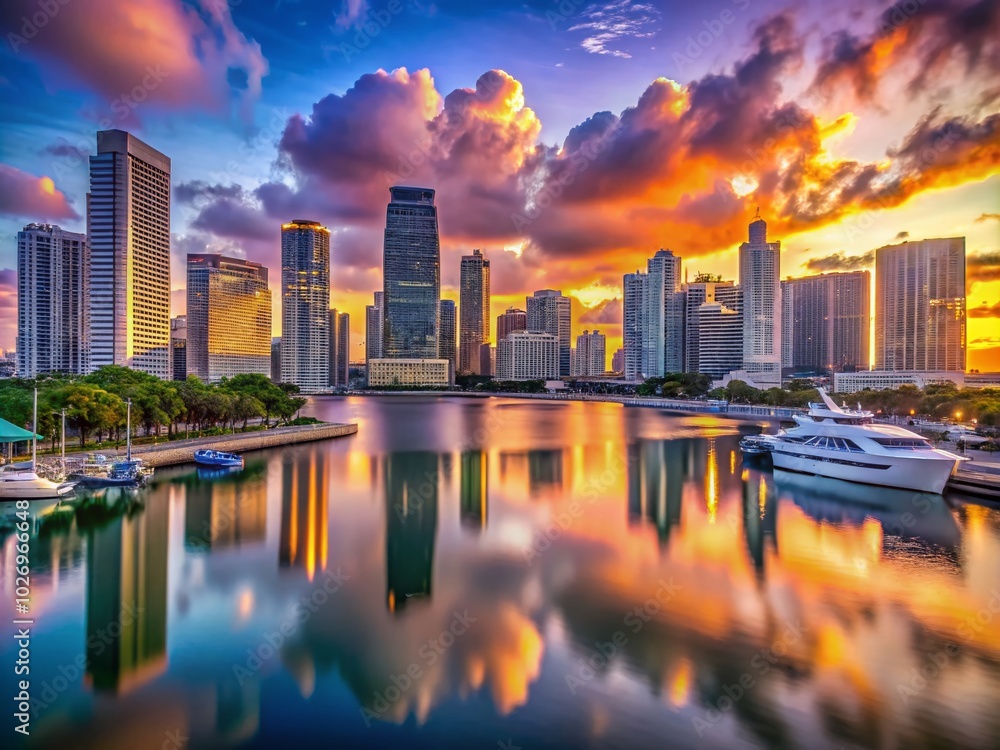 Fototapeta premium Miami Sunset: Long Exposure of City Skyline at Sea Marina with Skyscrapers and Boats