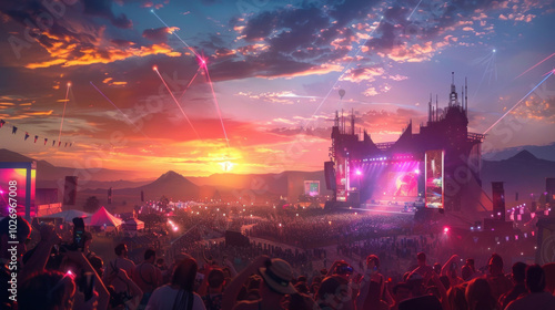 Sunset over a massive music festival, with a main stage featuring DJs, laser lights, and fans cheering under the night sky. photo