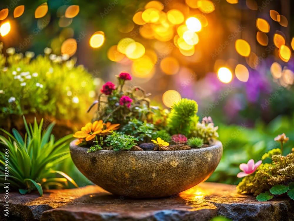 Miniature Stone Bowl in Nature with Tilt-Shift Effect for Unique Aesthetic Appeal Miniature Stone Bowl in Nature with Tilt-Shift Effect for Unique Aesthetic Appeal