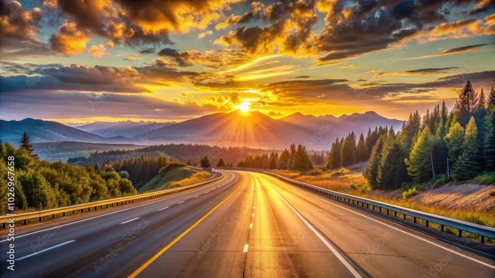 Scenic view of Sunrise Highway during golden hour , sunrise, highway, road, travel, journey, morning, sunshine Scenic view of Sunrise Highway during golden hour , sunrise, highway, road, travel, journey, morning, sunshine