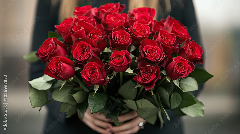 Obraz premium A person holding a bouquet of red roses on a romantic date, symbolizing love and passion