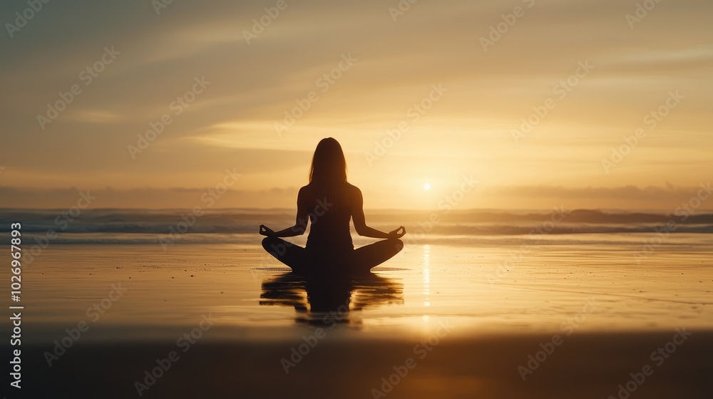 Woman Practicing Yoga on a Peaceful Beach at Sunrise Woman Practicing Yoga on a Peaceful Beach at Sunrise