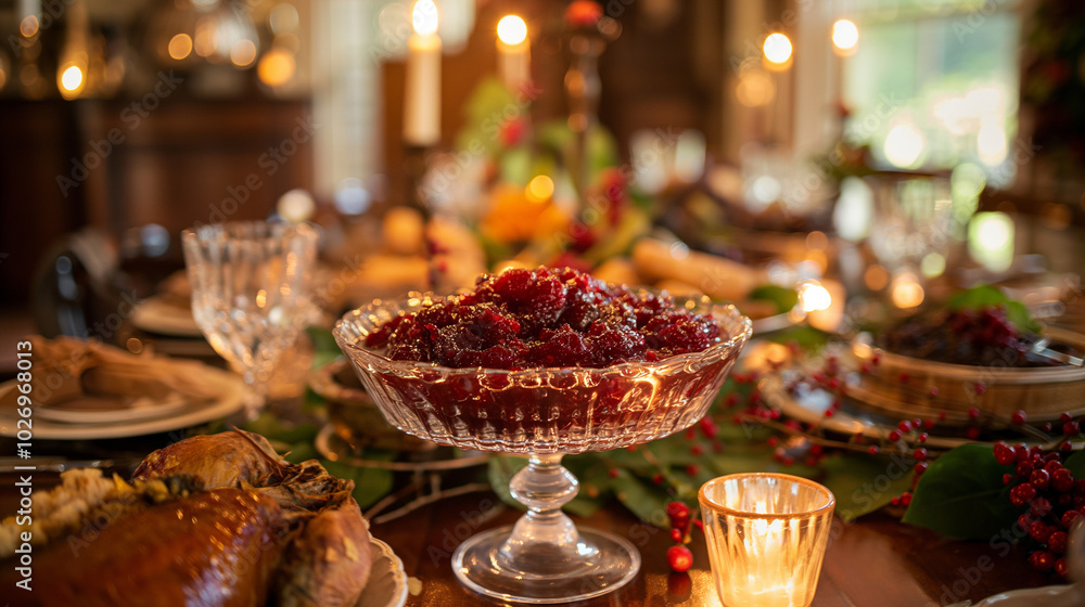 Beautifully Set Dinner Table with Cranberry Sauce as Centerpiece in Elegant Glass Dish, Surrounded by Roast Turkey, Stuffing, Mashed Potatoes, Cozy Atmosphere with Candles and Fall Decorations Beautifully Set Dinner Table with Cranberry Sauce as Centerpiece in Elegant Glass Dish, Surrounded by Roast Turkey, Stuffing, Mashed Potatoes, Cozy Atmosphere with Candles and Fall Decorations