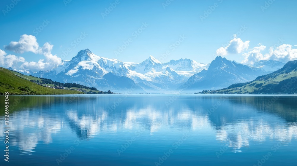 A picturesque lake with a clear blue sky and snow-capped mountains in the distance, perfect for a peaceful escape. A picturesque lake with a clear blue sky and snow-capped mountains in the distance, perfect for a peaceful escape.