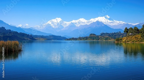 A picturesque lake with a clear blue sky and snow-capped mountains in the distance, perfect for a peaceful escape.