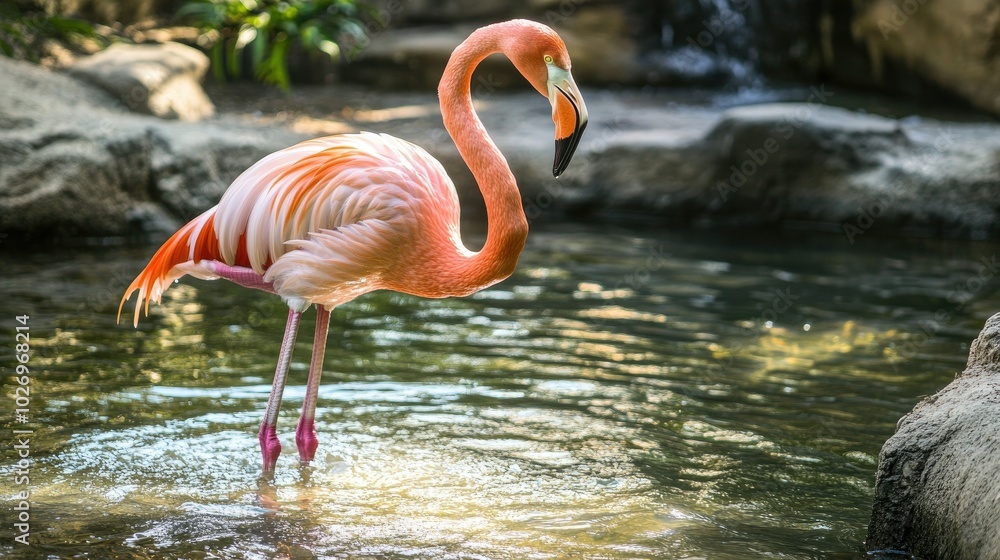 Fototapeta premium A pink flamingo standing in shallow water, its long neck gracefully curved as it looks down