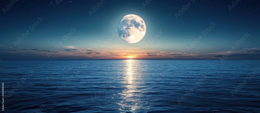 A full moon hangs over a calm ocean with a light reflecting from the horizon. A full moon hangs over a calm ocean with a light reflecting from the horizon.