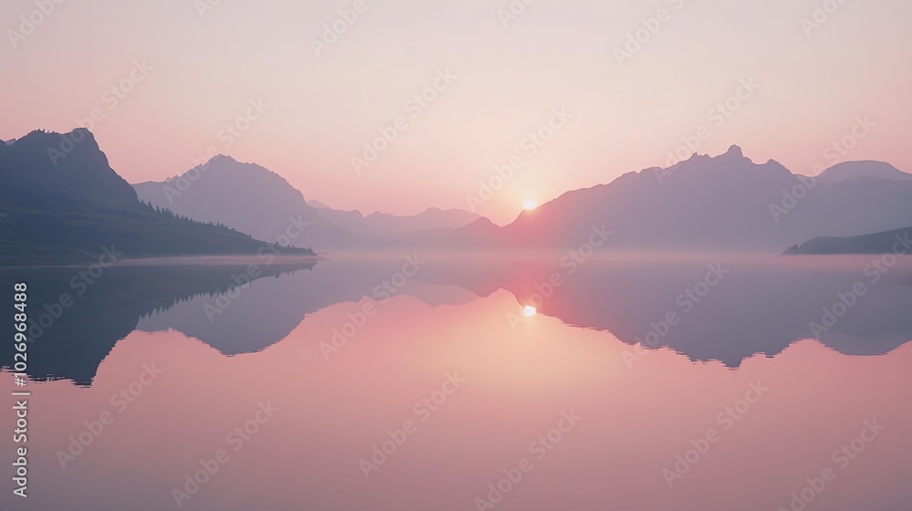 A pink sunset reflecting over a still lake, with mountains silhouetted in the background A pink sunset reflecting over a still lake, with mountains silhouetted in the background