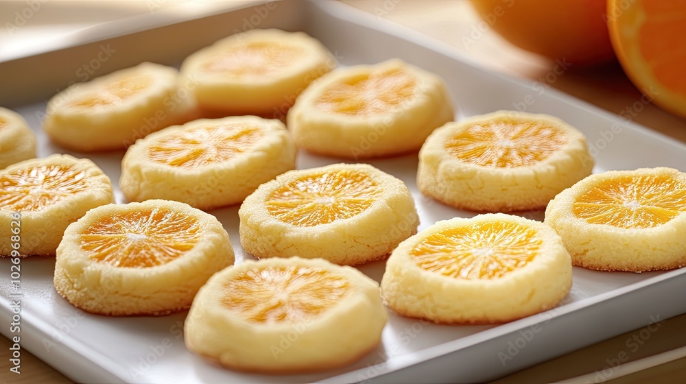 A plate of orange-flavored cookies arranged on a tray, with orange slices for garnish A plate of orange-flavored cookies arranged on a tray, with orange slices for garnish