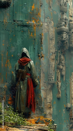 A Hooded Figure in a Futuristic Ruined City