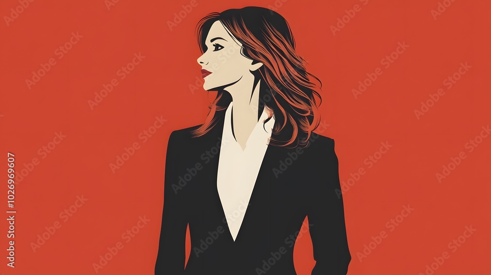Fototapeta premium A Woman in a Black Suit with Red Highlights Gazing Off to the Side
