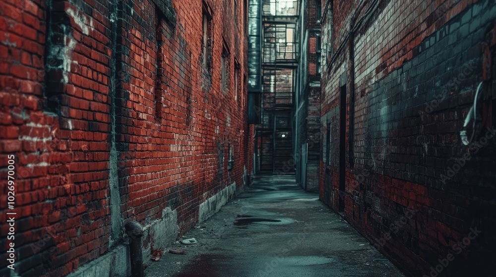 Fototapeta premium A red brick wall in an urban alleyway, creating a gritty and industrial atmosphere