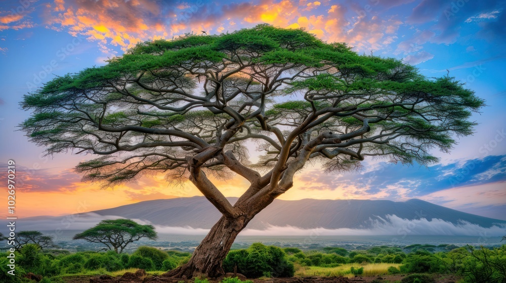 Fototapeta premium A Majestic Acacia Tree at Dawn with a Mountain in the Background