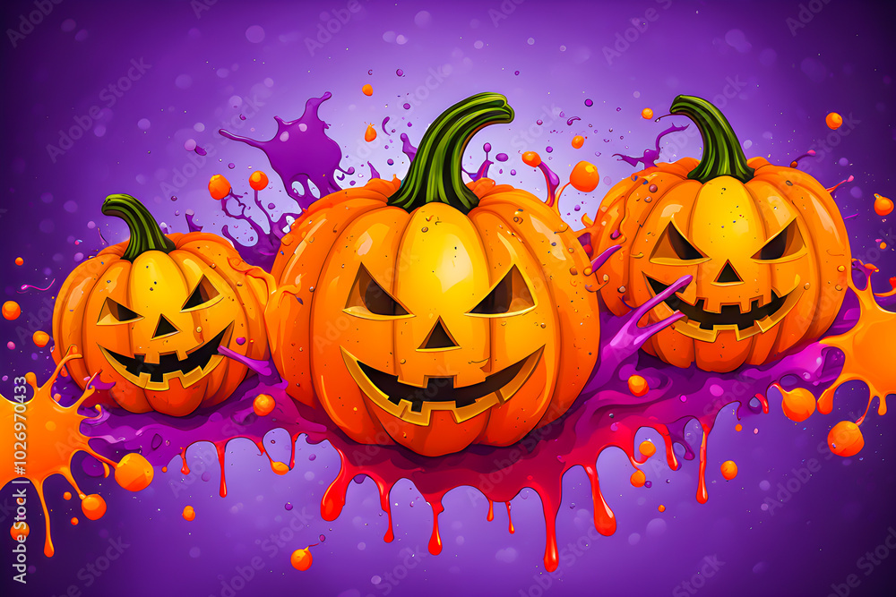 illustration of Halloween Pumpkins and liquid splashing on the abstract background. illustration of Halloween Pumpkins and liquid splashing on the abstract background.