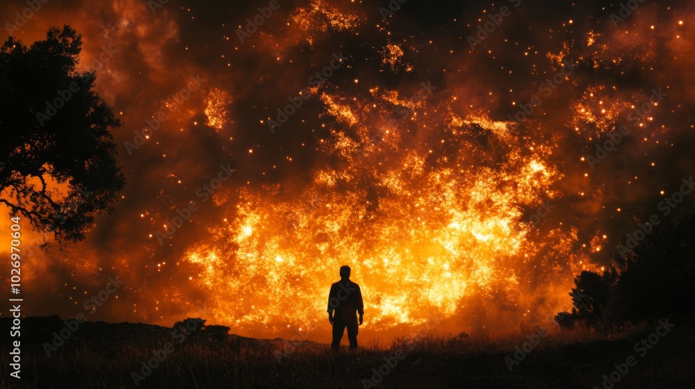 A lone figure silhouetted against a massive inferno, suggesting the intensity and destruction of a wildfire. A lone figure silhouetted against a massive inferno, suggesting the intensity and destruction of a wildfire.