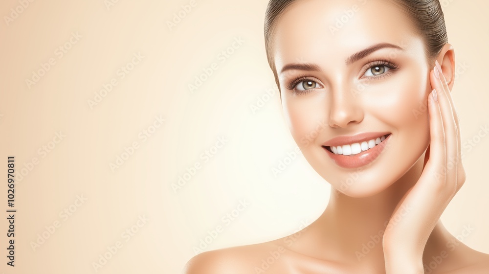 Radiant Beauty: A portrait of a woman with flawless skin and a bright smile, radiating confidence and natural beauty. Her radiant complexion and gentle touch evoke a sense of purity and well-being. Radiant Beauty: A portrait of a woman with flawless skin and a bright smile, radiating confidence and natural beauty. Her radiant complexion and gentle touch evoke a sense of purity and well-being.