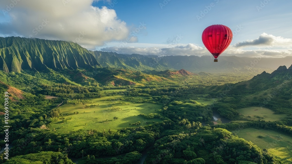 A red hot air balloon floating over a lush green valley, creating a stunning contrast A red hot air balloon floating over a lush green valley, creating a stunning contrast