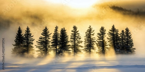 Golden Hour Serenity: A tranquil scene of tall, evergreen trees bathed in the soft glow of sunrise, their silhouettes framed by a veil of mist and snow.