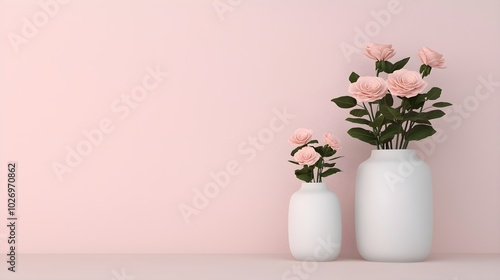 Elegant pink roses in minimalist white vases against a pastel backdrop