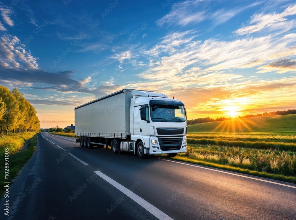White delivery truck driving on country asphalt road at sunset White delivery truck driving on country asphalt road at sunset