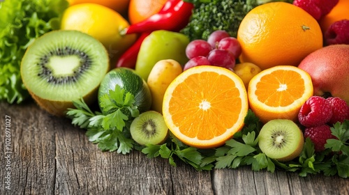 Close-up of vibrant fresh vegetables and fruits on wooden table, symbolizing healthy blood pressure foods, emphasizing natural nutrition and wellness.