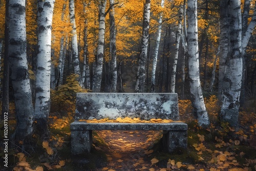 Bench in a quiet autumn park, with orange and yellow leaves covering the ground, perfect for peaceful and reflective seasonal visuals.