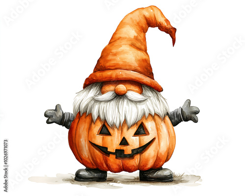 whimsical gnome character with pumpkin body and tall, pointed hat, exuding playful Halloween spirit. This charming illustration captures essence of festive fun photo