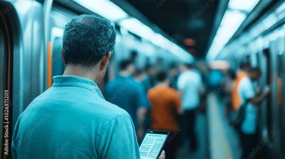 A crowded city subway during rush hour, bright fluorescent lighting, captured from eyelevel People reading newspapers, scrolling through phones, and standing near the doors A crowded city subway during rush hour, bright fluorescent lighting, captured from eyelevel People reading newspapers, scrolling through phones, and standing near the doors