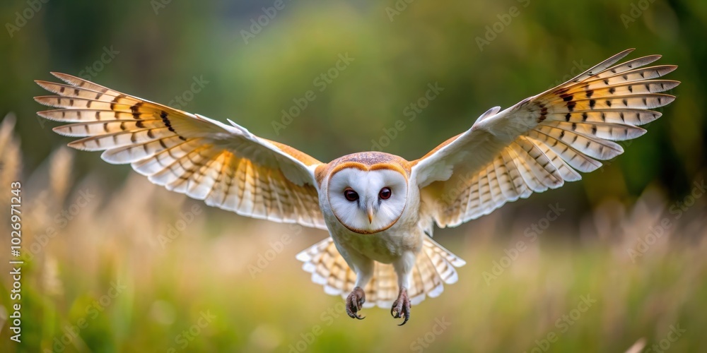 Fototapeta premium Barn owl in flight before attack against clean background, barn owl, flight, attack, predator, bird, wildlife