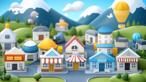 A vibrant illustration of a cheerful town with colorful houses, mountains, and hot air balloons under a bright blue sky.