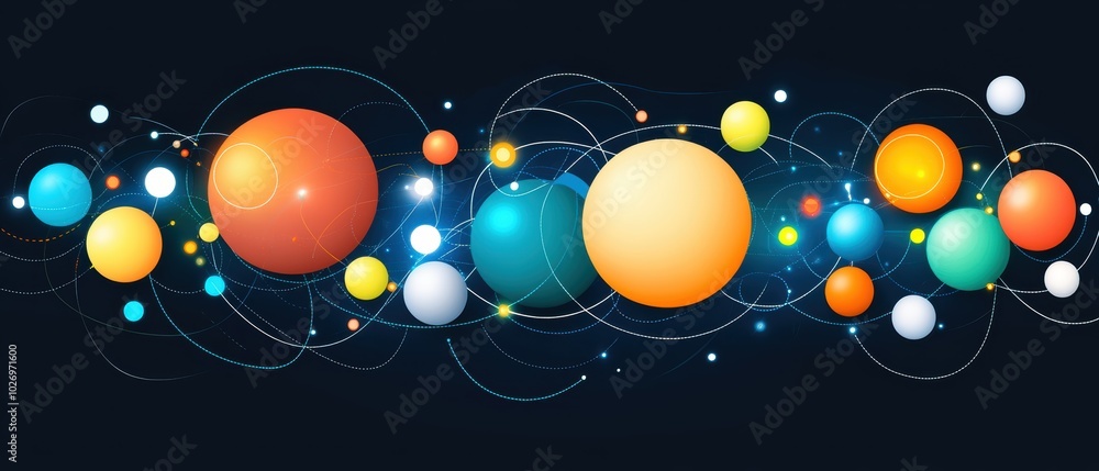 Fototapeta premium A vibrant illustration of colorful planets and spheres against a dark backdrop, symbolizing the beauty of space and cosmos.