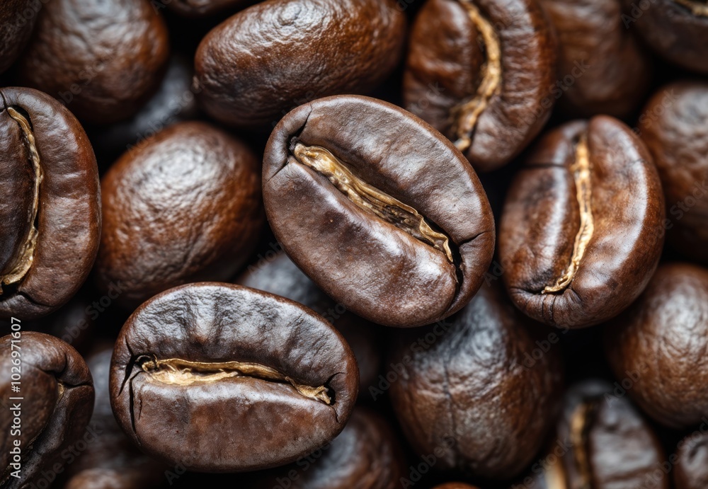 Naklejka premium Close-up of roasted arabica coffee beans filling the frame