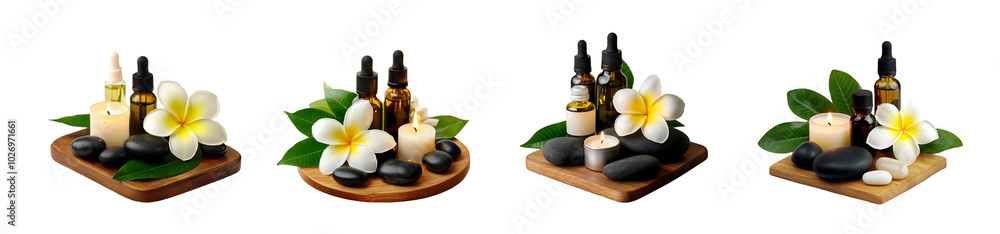 Spa essentials with candles and plumeria flower on a transparent background Spa essentials with candles and plumeria flower on a transparent background