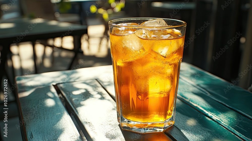 A refreshing glass of orange soda with ice cubes, sitting on a sunny patio table A refreshing glass of orange soda with ice cubes, sitting on a sunny patio table