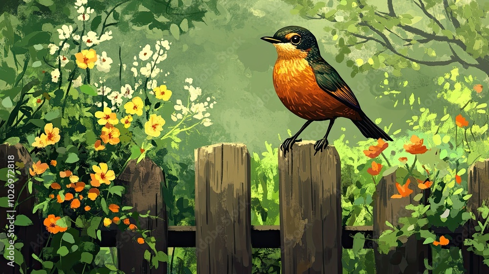 A robin perched on a garden fence, surrounded by blooming flowers and greenery A robin perched on a garden fence, surrounded by blooming flowers and greenery