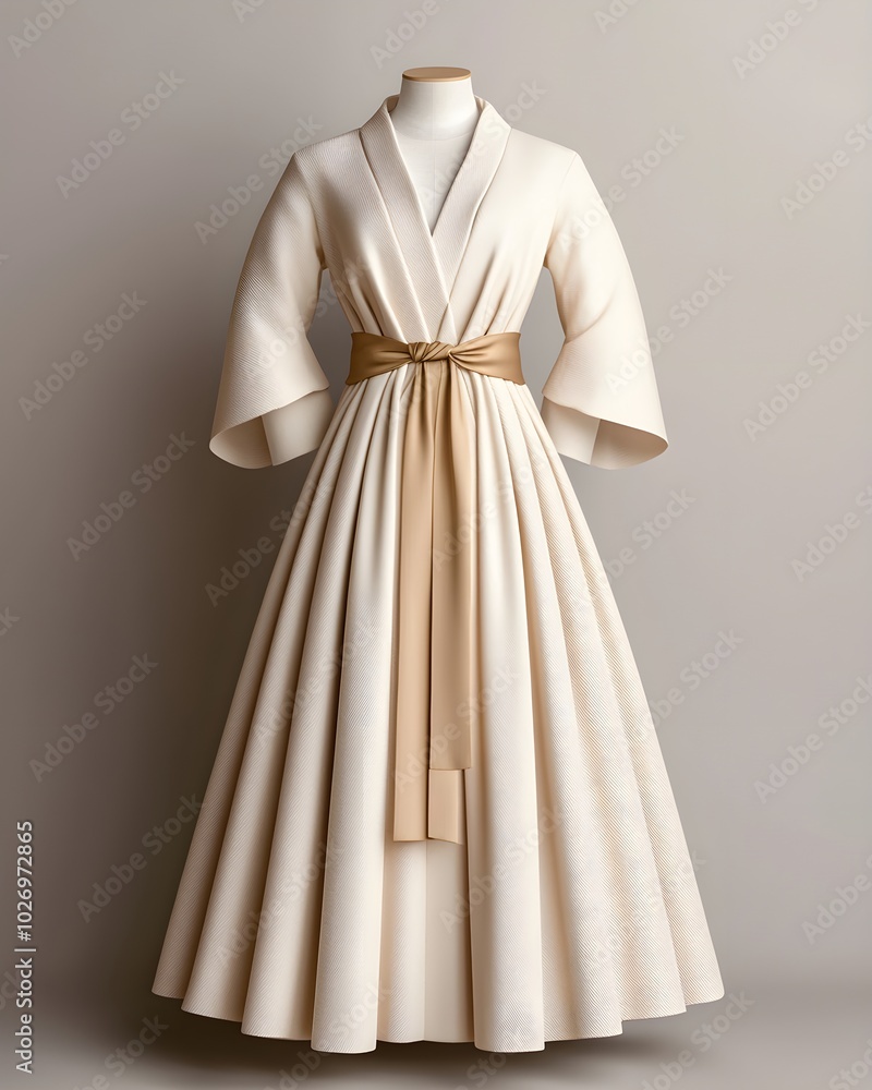 Elegant cream-colored dress with wide sleeves and a sash Elegant cream-colored dress with wide sleeves and a sash