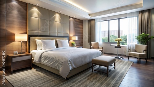 Comfortable bed with clean white sheets and fluffy pillows in a modern hotel room, hotel, bedroom, accommodation, interior